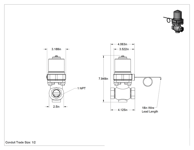 Teknik Çizim - Soğutucu ve Deterjan için Solenoid Açma/Kapama Valfi, 304 Paslanmaz Çelik Gövde, Cam Dolgulu Conta, 1 NPT Dişi, 110 PSI