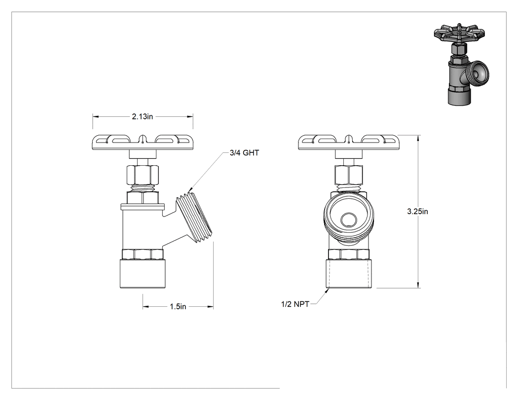 Teknik Çizim - Pirinç Gövdeli Akış Ayar Valfi, 1/2 NPT Dişi x 3/4 GHT Erkek