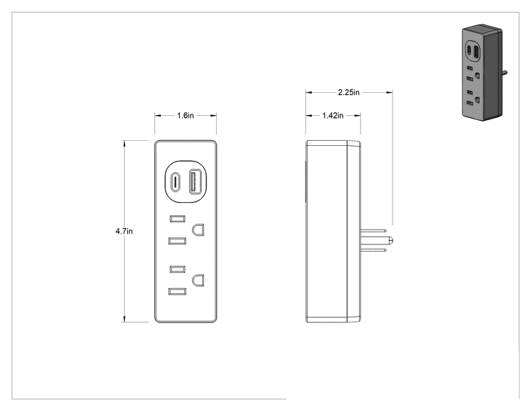 Teknik Çizim - Priz Ayırıcı, 2 Çıkış, Bir adet USB A ve bir adet USB C bağlantı noktası