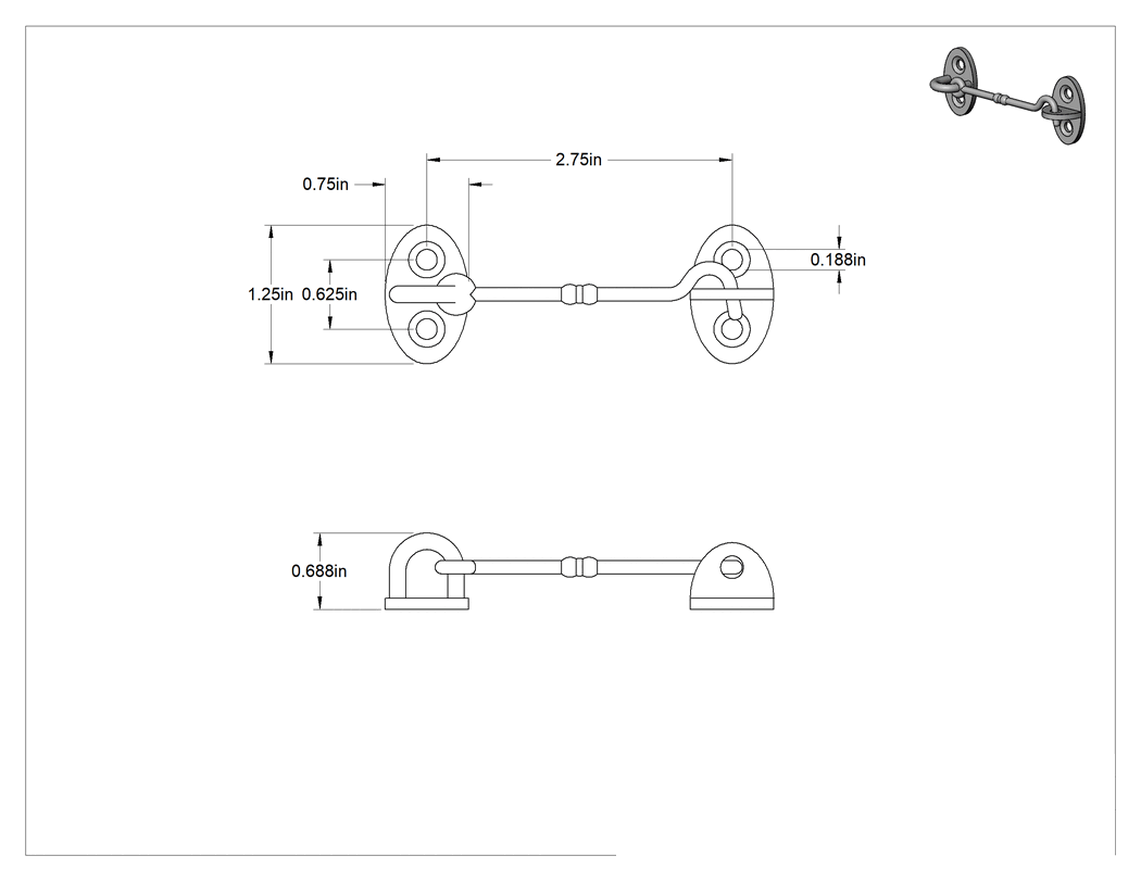 Teknik Çizim - Krom Pirinç Salıncaklı Mandal, 3" Uzunluğunda Kol, 11/16" Çıkıntı