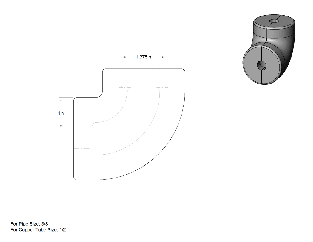 Teknik Çizim - Buhara Dayanıklı Yüksek Sıcaklık Fiberglas Yalıtım, Dirsek, 1" Kalınlığında Duvar, 5/8" İç Çap
