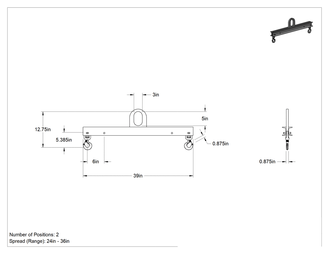 Teknik Çizim - Kilitleme Kancalı Çelik Kaldırma Kirişi, 1000 lbs. Kapasite, 24" ila 36" Açıklık