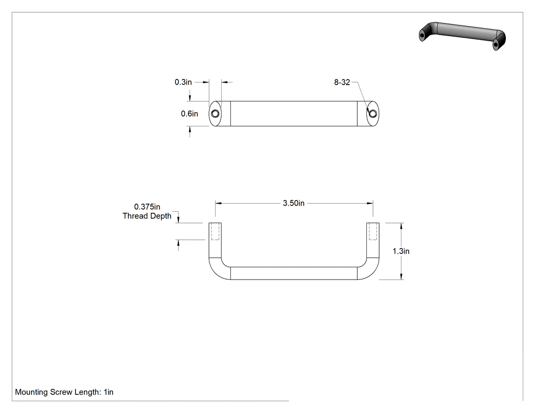 Teknik Çizim - Dişli Delikli Montajlı Çekme Kolu, Oval Tutamak, Mat 316 Paslanmaz Çelik, 3-1/2" Merkezden Merkeze Genişlik