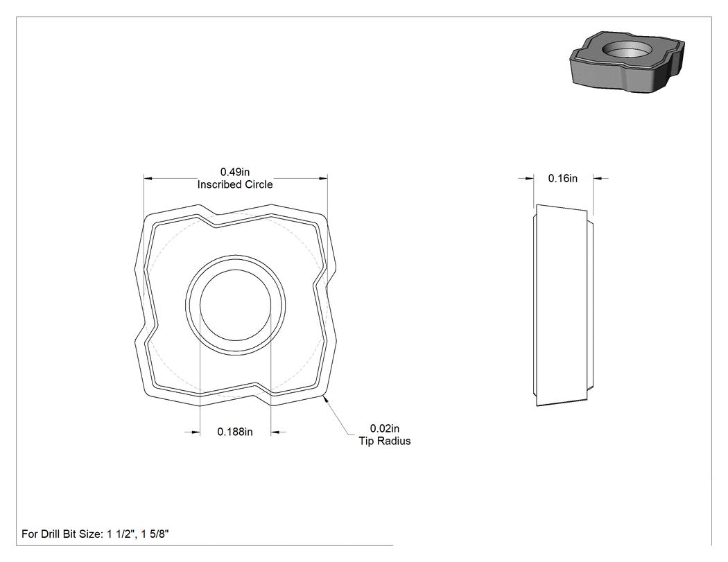 Teknik Çizim - Karbür Uçlu Matkap Uçları, 1-1/2" ve 1-5/8" Boyutları için İç Karbür Uçlar