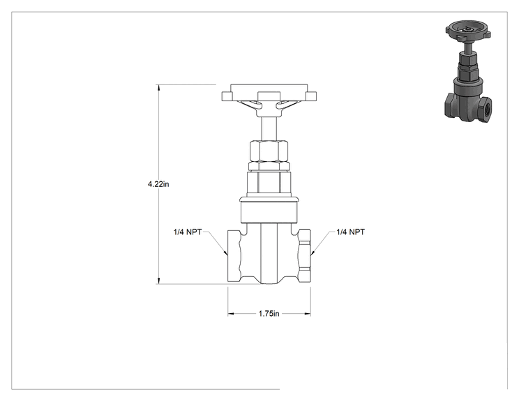 Teknik Çizim - Bronz Gövde ve Sürgülü Kademeli Açma/Kapama Vanası, Tekerlek Kolu ve Yükselmeyen Mil, Sınıf 150, 1/4 NPT Dişi