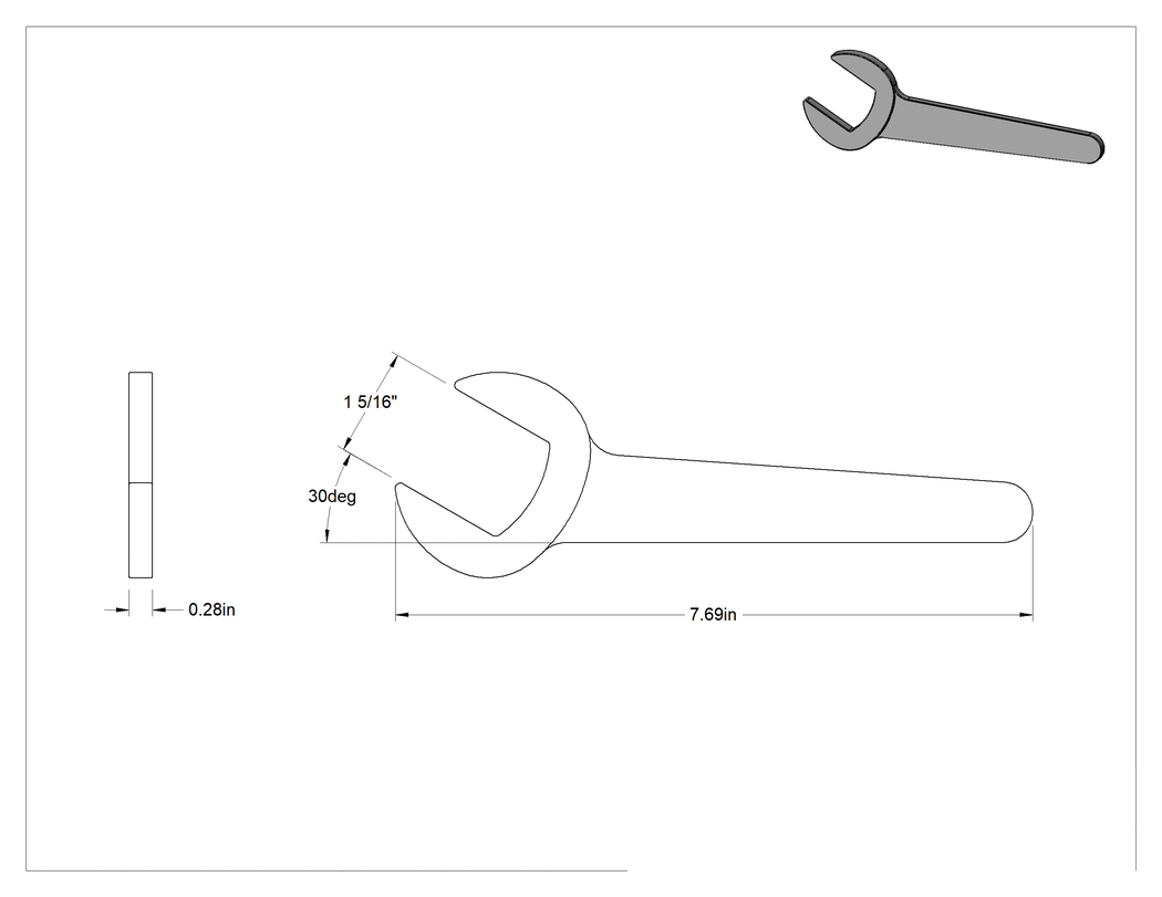 Teknik Çizim - Sıkı Boşluklu Açık Uçlu Anahtar, Mat Krom Kaplama, Yuvarlak Açıklık, 1-5/16" Boyut, 7-11/16" Uzunluk