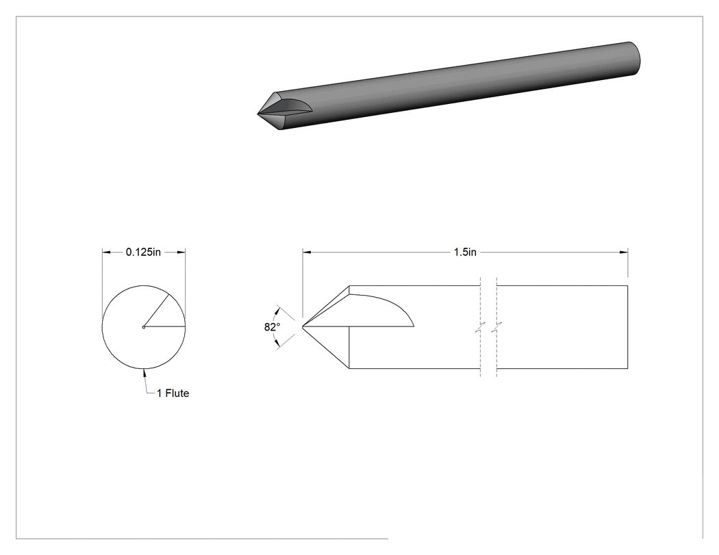 Teknik Çizim - Kaplamasız Karbür Havşa, Vidalar için, 82 Derece, 1 Yiv, 1/8" Gövde Çapı