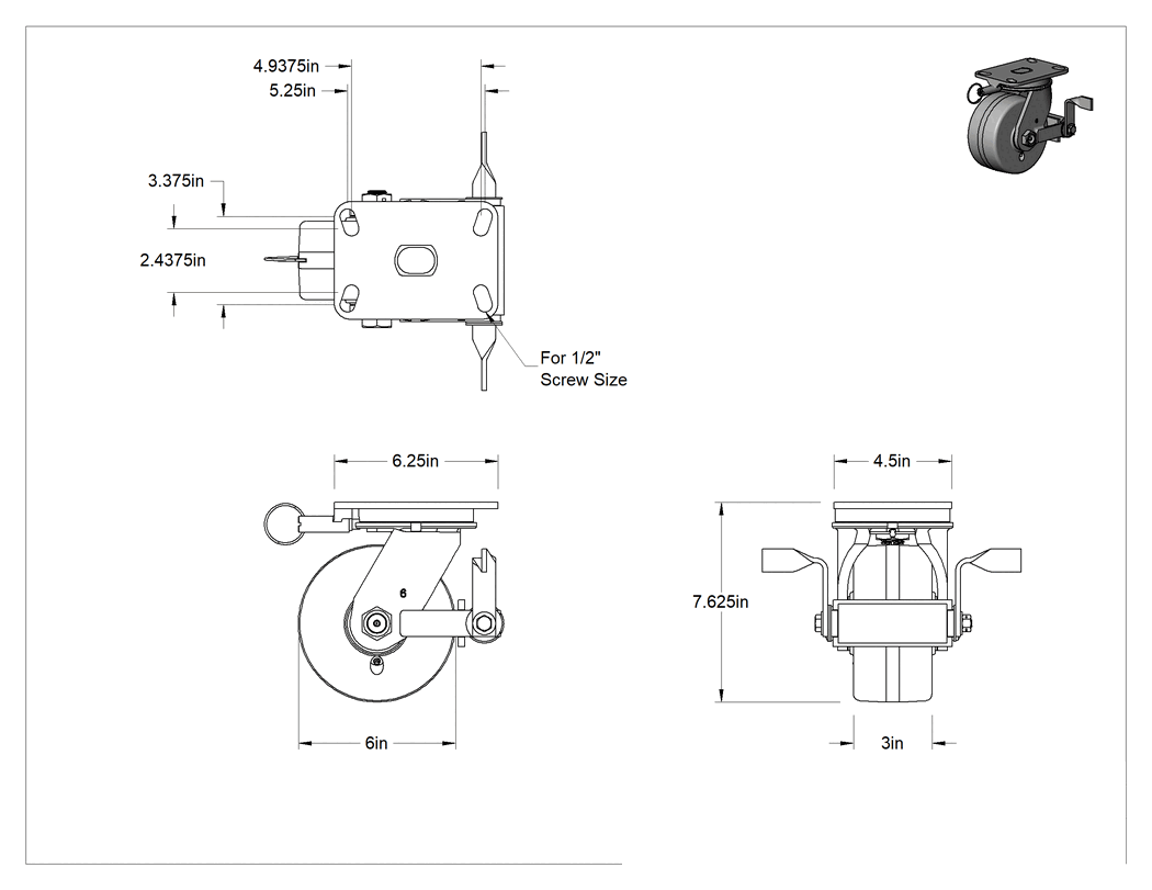 Teknik Çizim - Ekstra Yüksek Kapasiteli Viking Tekerlek, Kilitli ve 6" Çapında Fenolik Tekerlekli Döner Ayak