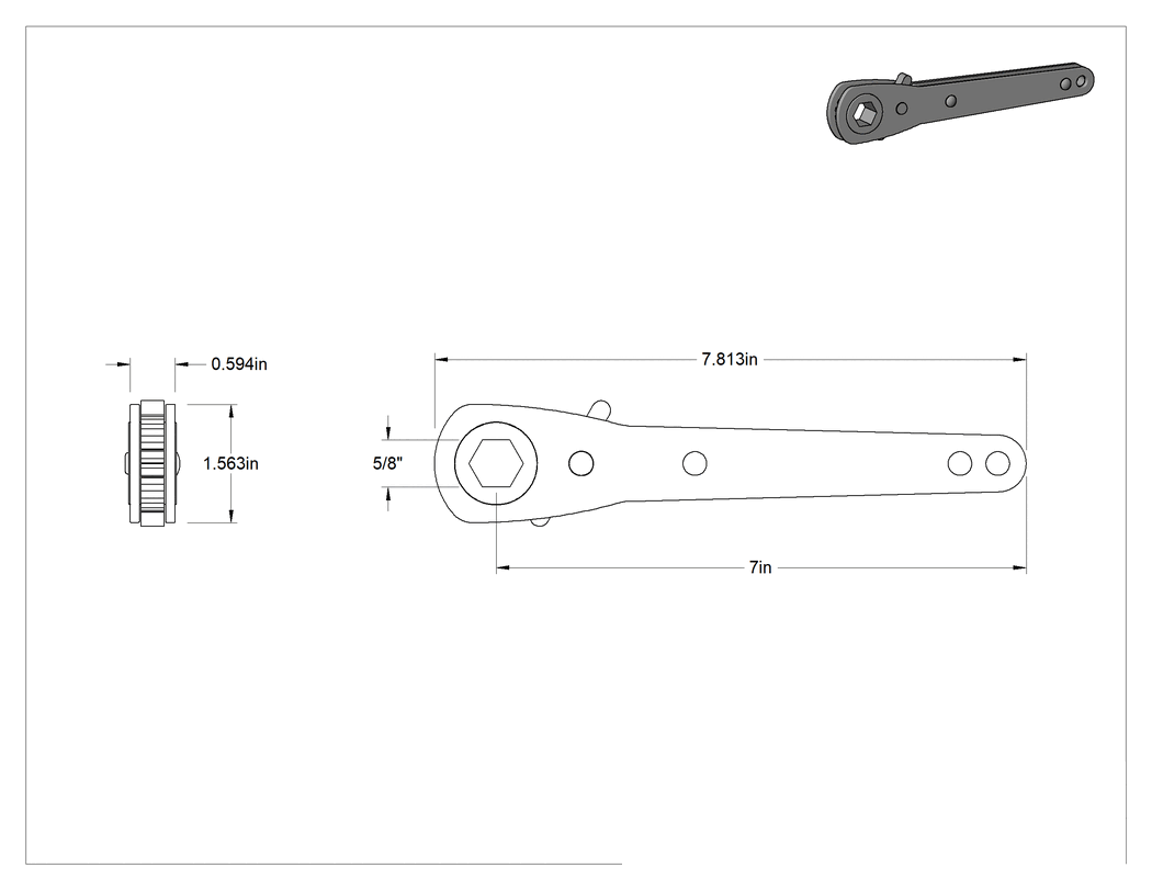 Teknik Çizim - Cırcırlı Kutu Anahtarı, 6 Uçlu Açma, Çelik, 5/8" Boyut, 7-7/8" Toplam Uzunluk