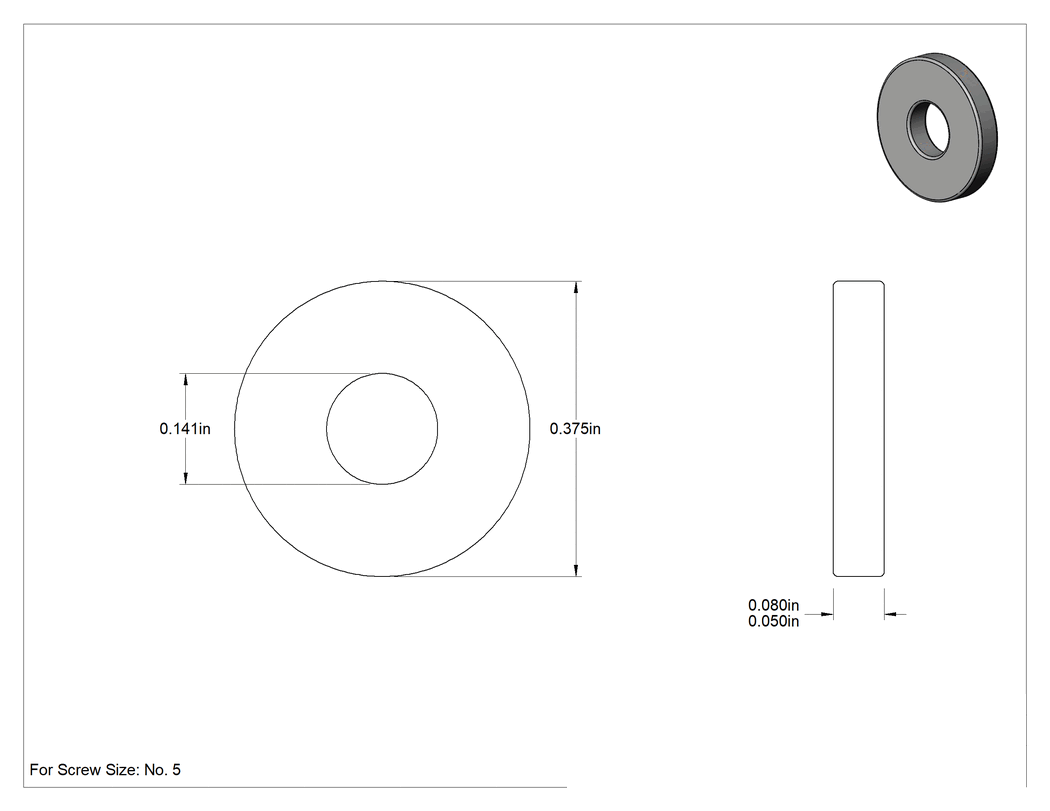 Teknik Çizim - 18-8 Paslanmaz Çelik Büyük Boy Pul, 5 Numaralı Vida için, 0.141" İç Çap, 0.375" Dış Çap, 0.050"-0.080" Kalınlık