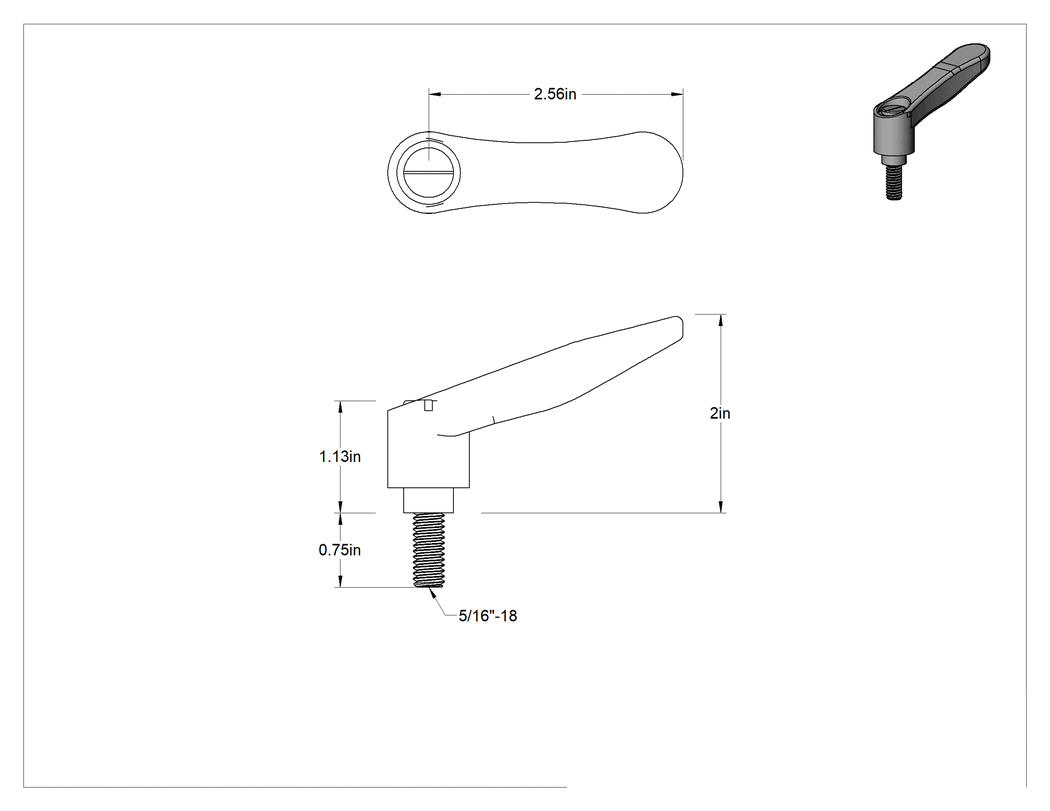 Teknik Çizim - Rahat Tutuşlu Naylon Ayarlanabilir Tutamak, 5/16"-18 dişli 3/4" uzunluğunda saplama
