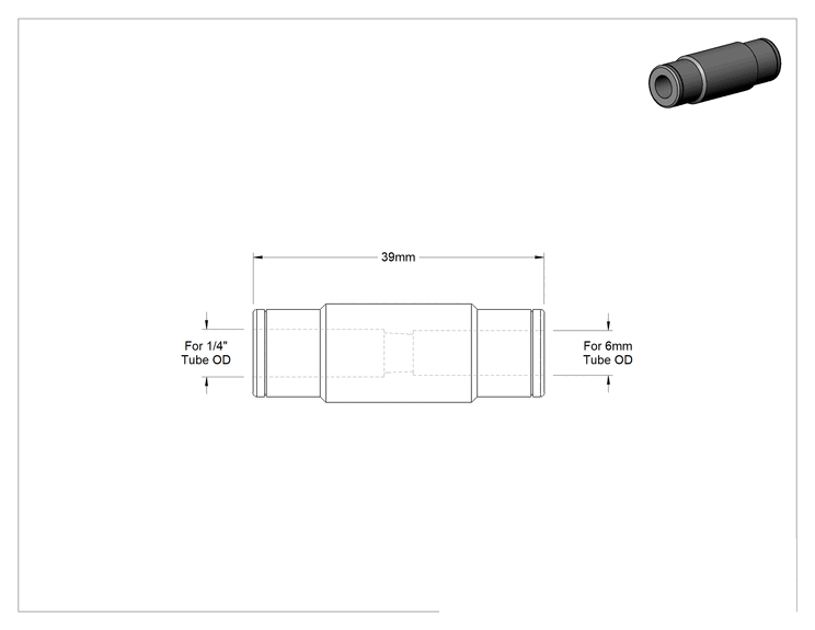 Teknik Çizim - Kimyasallar için Paslanmaz Çelik Bas-Bağlan Tüp Bağlantı Elemanı, 1/4" Boru Dış Çapı x 6 mm Boru Dış Çapı için Düz Adaptör