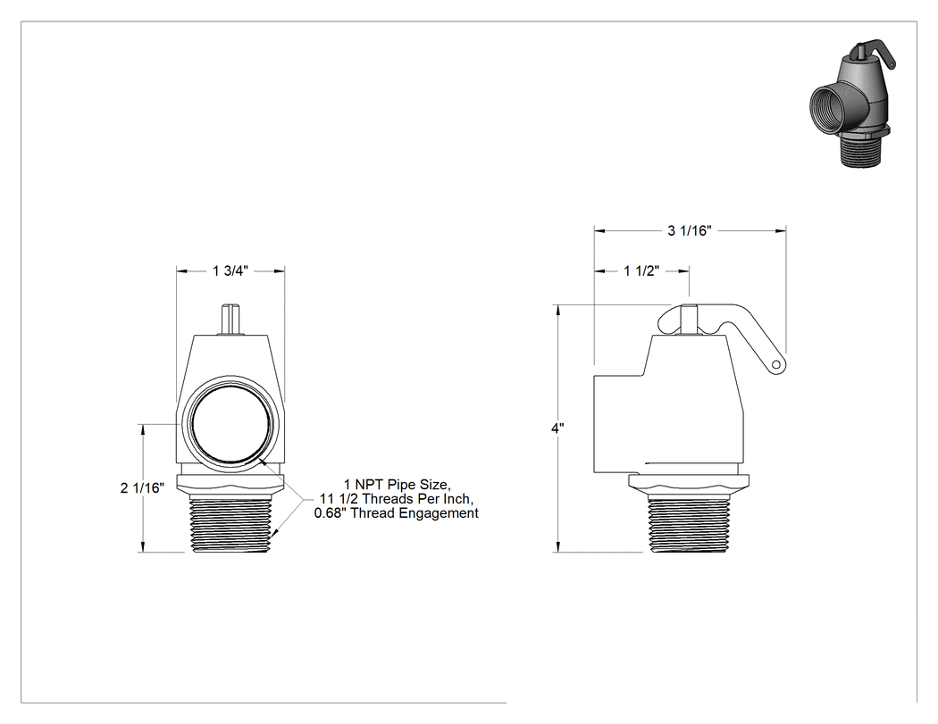 Teknik Çizim - Hızlı Etkili Basınç Tahliye Valfi, ASME, Düşük Basınçlı Buhar, 1 NPT Erkek, Dirsek