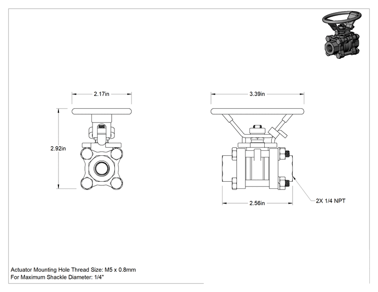 Teknik Çizim - 316 Paslanmaz Çelik Kolay Bakımlı Açma/Kapama Valfi, Oval Saplı 316 Paslanmaz Çelik Gövde, PTFE Conta, 1/4 NPT Dişi