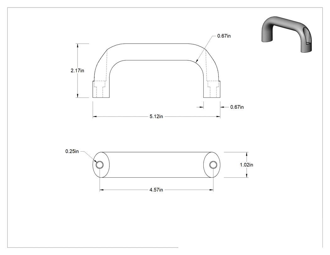 Teknik Çizim - Oval Çekme Kolu, Dişsiz Delik, Eloksallı Alüminyum, 4-9/16" Merkezden Merkeze Genişlik