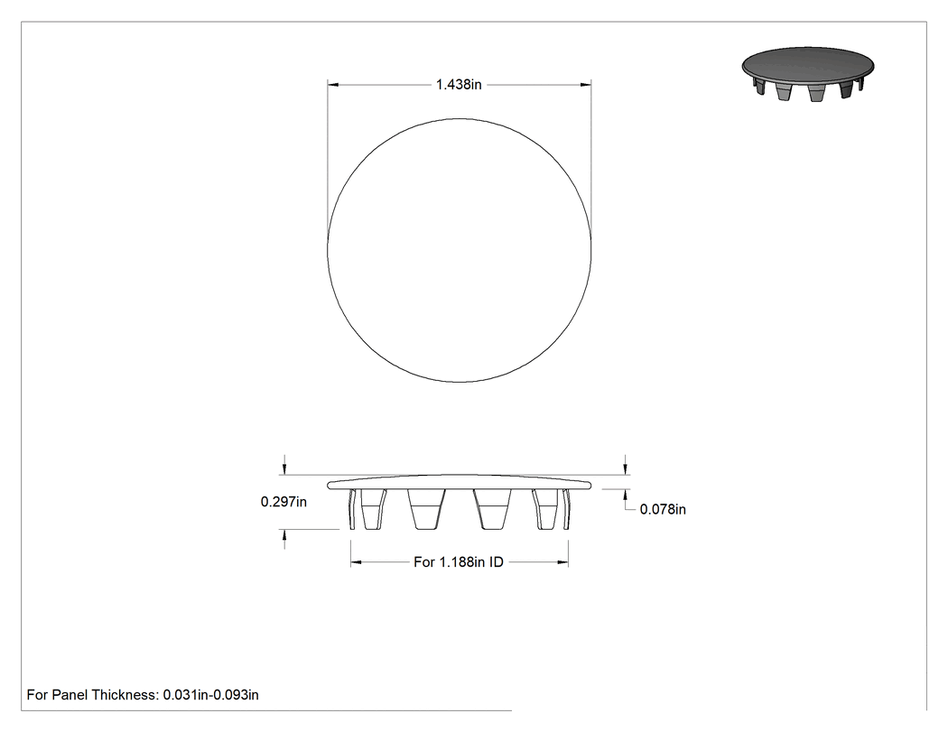 Teknik Çizim - Çelik Geçmeli Panel Tapaları, Nikel Kaplı, 1-3/16" İç Çap