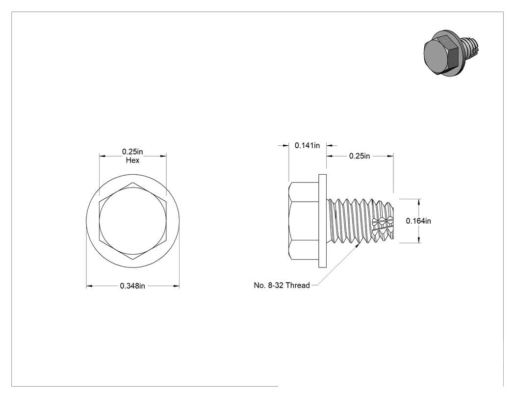 Teknik Çizim - Metal için Altıköşe Başlı Diş Açma Vidaları, 410 Paslanmaz Çelik, 8-32 Diş Boyutu, 1/4" Uzunluk