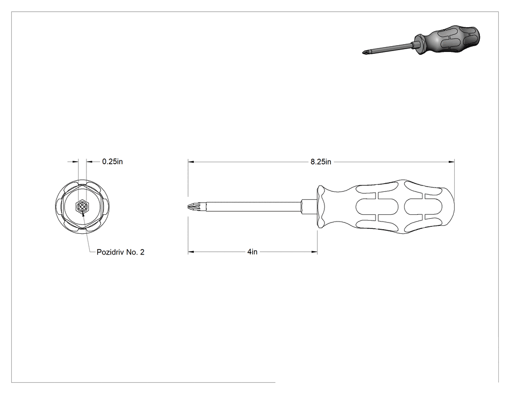 Teknik Çizim - Yivli Uçlu Tornavida, 2 Numaralı Pozidriv® Tahrik, 8-1/4" Toplam Uzunluk