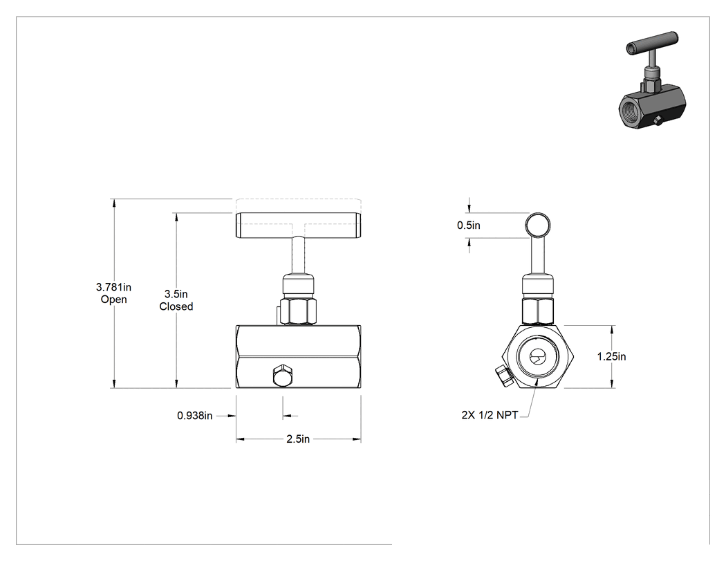 Teknik Çizim - Havalandırma Delikli Hassas Akış Ayar Valfi, Metal-Metal Koltuk, 1/2 NPT Dişi x Dişi