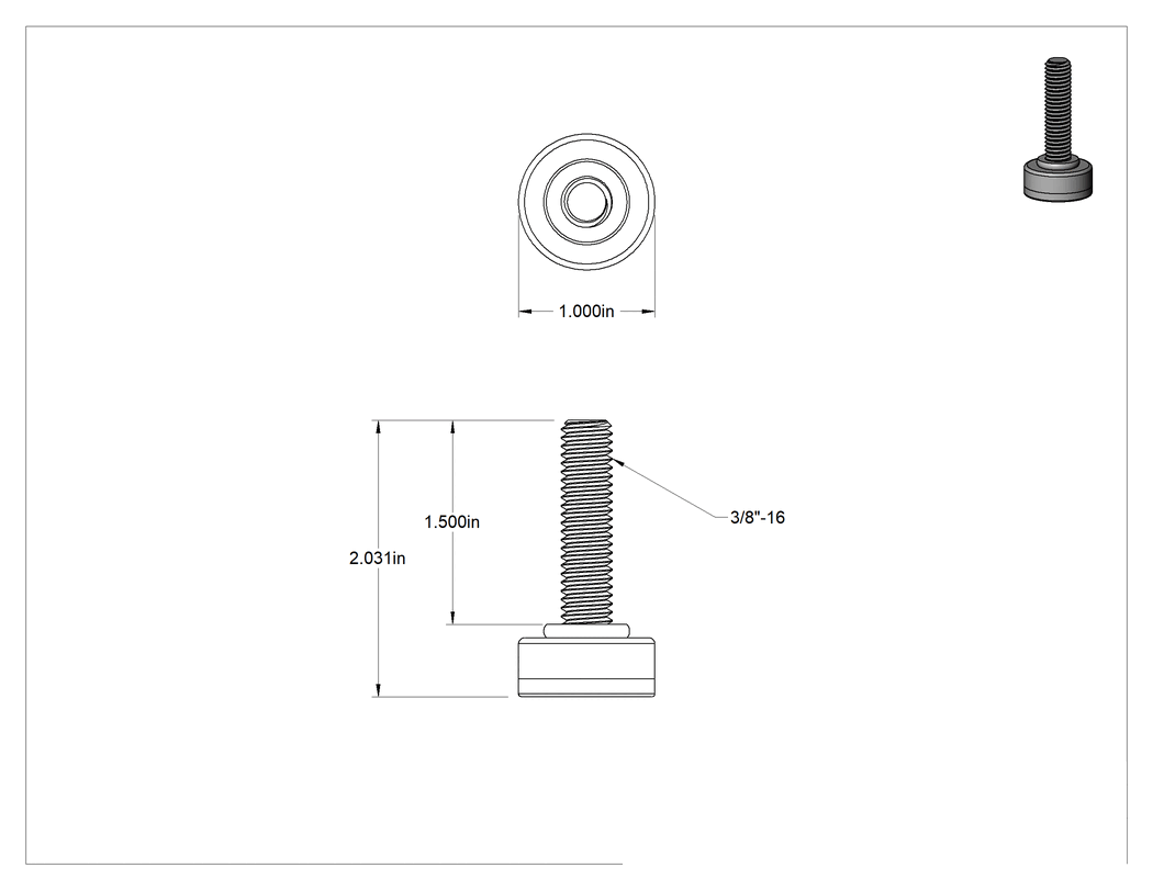 Teknik Çizim - Nikel Kaplama Çelik Tabanlı Sert Seviyelendirme Montaj Parçası, MDPE Yastık ve 1-1/2" Uzunlukta 3/8"-16 Çinko Kaplı Çelik Saplamalı