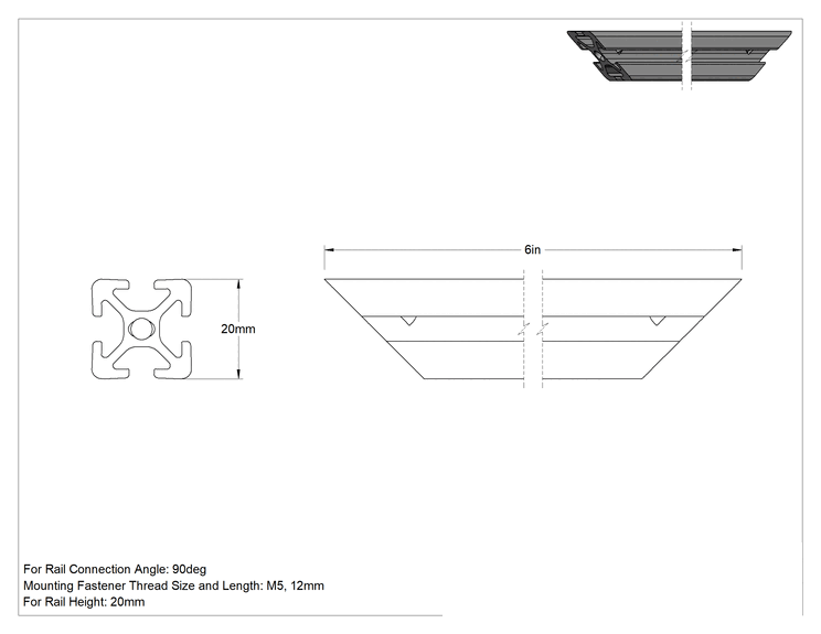 Teknik Çizim - T-Yivli Çerçeve, 20 mm Yüksekliğinde Ray için Diyagonal Destek, 6 inç Uzunluk, Gümüş