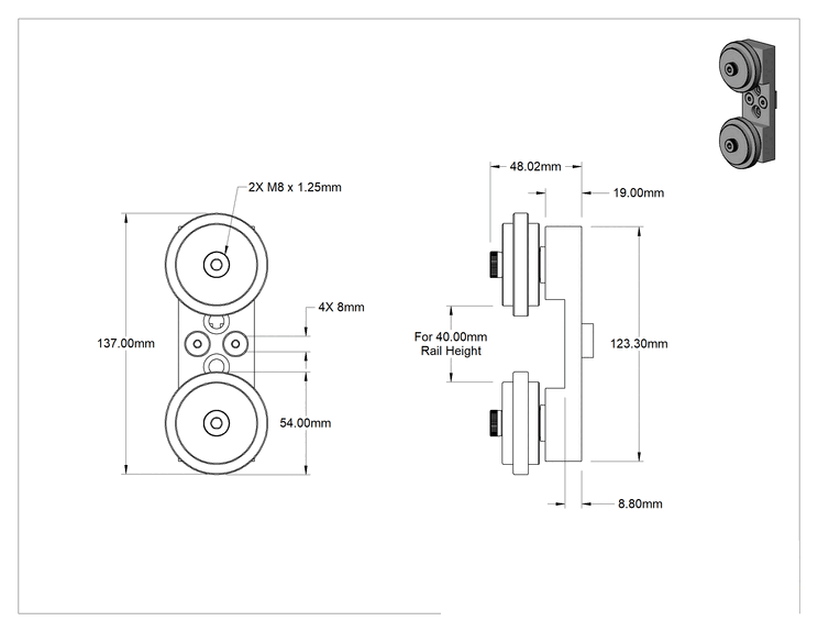 Teknik Çizim - T-Yivli Çerçeve, Yan Montajlı Ray Makarası, 40 mm Yüksekliğinde Tek Ray, Gümüş