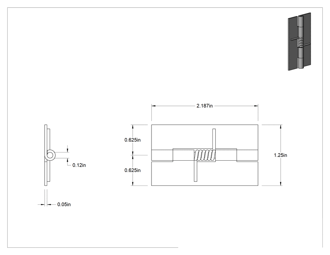 Teknik Çizim - Yaylı Menteşe, Kendinden Kapanan, Parlatılmış 304 Paslanmaz Çelik, 2-3/16" x 5/8"