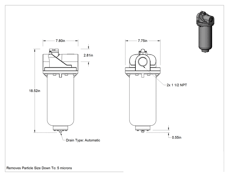 Teknik Çizim - Partikül Giderme için Basınçlı Hava Filtresi, 1-1/2 NPT Dişi Giriş x 1-1/2 NPT Dişi Çıkış