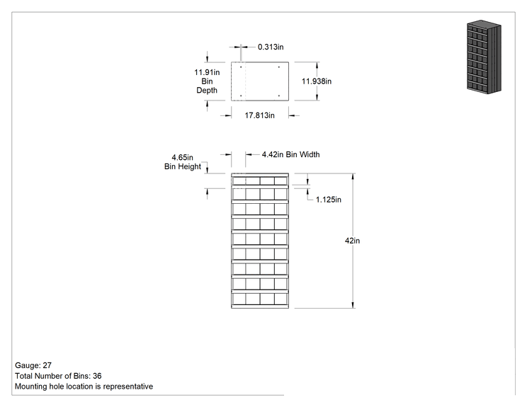 Teknik Çizim - İstiflenebilir Kutu Rafları, 36 Hazneli, 18 inç x 42 inç x 12 inç Toplam Boyut