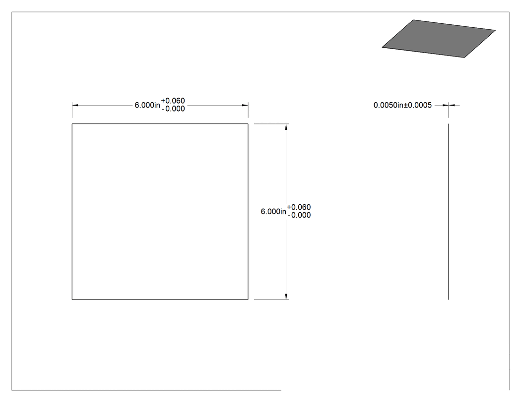 Teknik Çizim - Ultra Yüksek Sıcaklık Tantal Folyo, 6" x 6" x 0.005" Kalınlıkta Levha