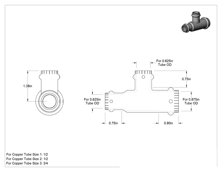 Teknik Çizim - Bakır Boru için Presle Bağlanan Bağlantı Parçası, Dik Açılı T İndirgeci 1/2 x 1/2 x 3/4 Dişi
