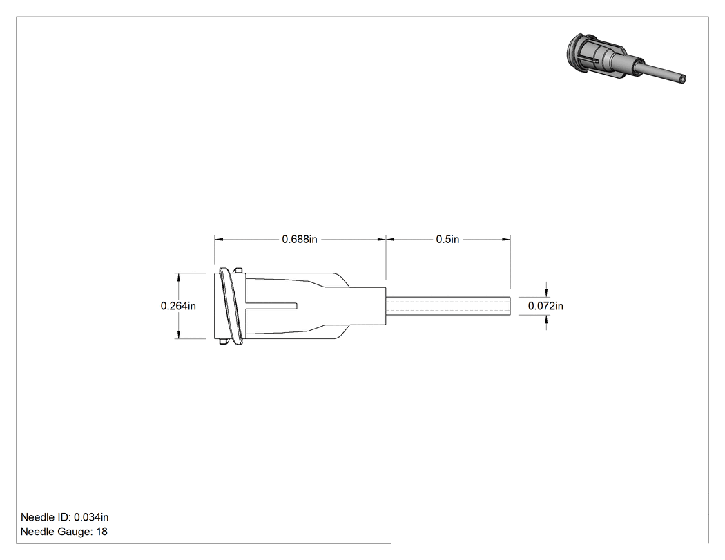 Teknik Çizim - Luer Lock Bağlantılı Paslanmaz Çelik Şırınga İğneleri, PTFE Kaplı, 1/2" İğne Uzunluğu, 18 G