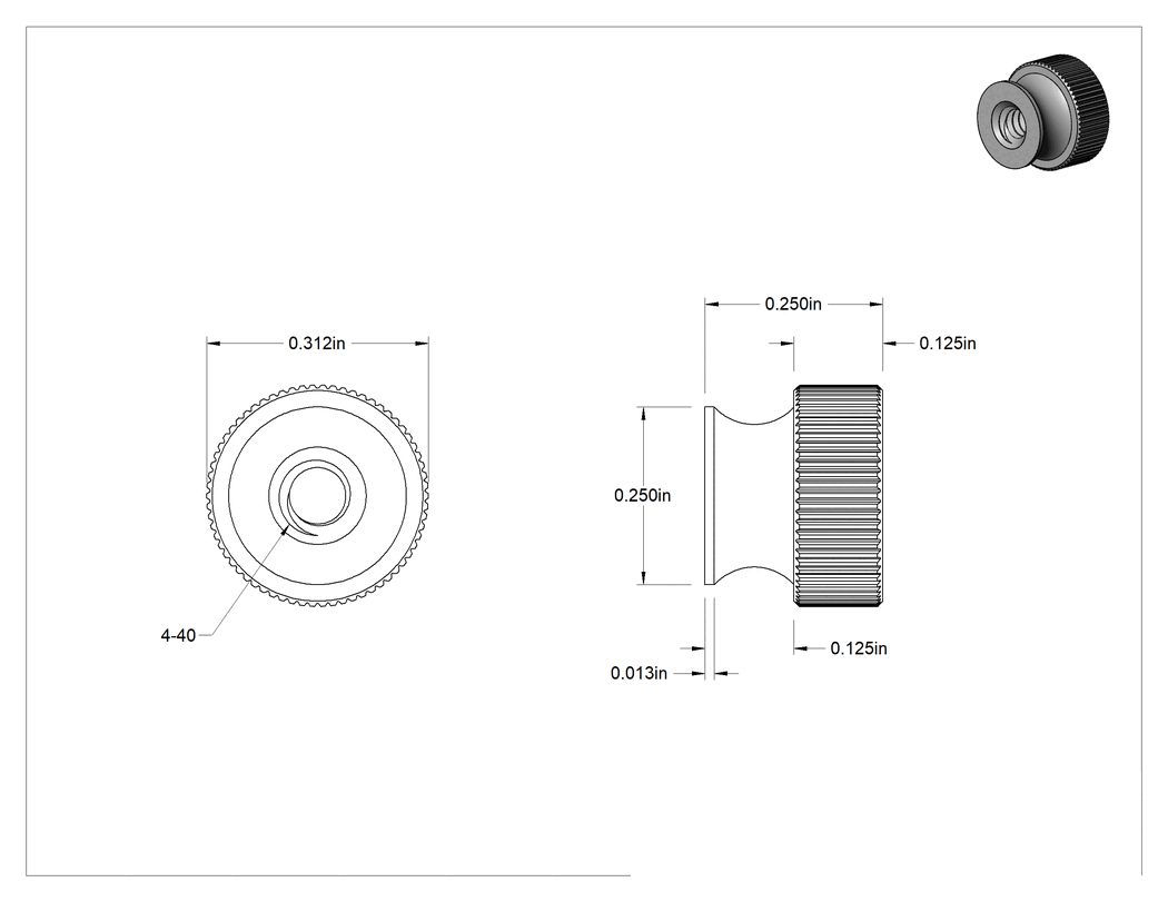 Teknik Çizim - 316 Paslanmaz Çelik Flanşlı Tırtıllı Başlı Parmak Somunu, Süper Paslanma ve Aşınmaya Dayanıklı, 4-40 Diş Boyutu