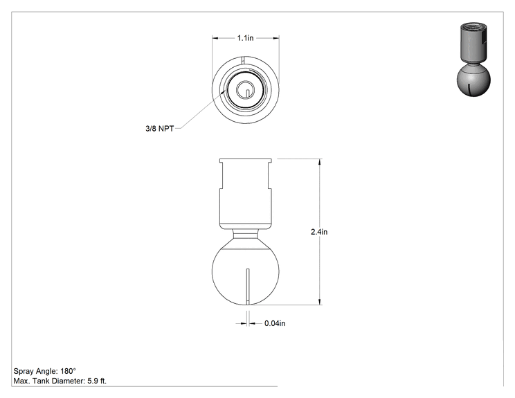 Teknik Çizim - 316 Paslanmaz Çelik Dönen Tank Yıkama Nozulu, 3/8 NPT Dişi, 20 PSI'da 7 gpm, 0.040 inç Delik Çapı