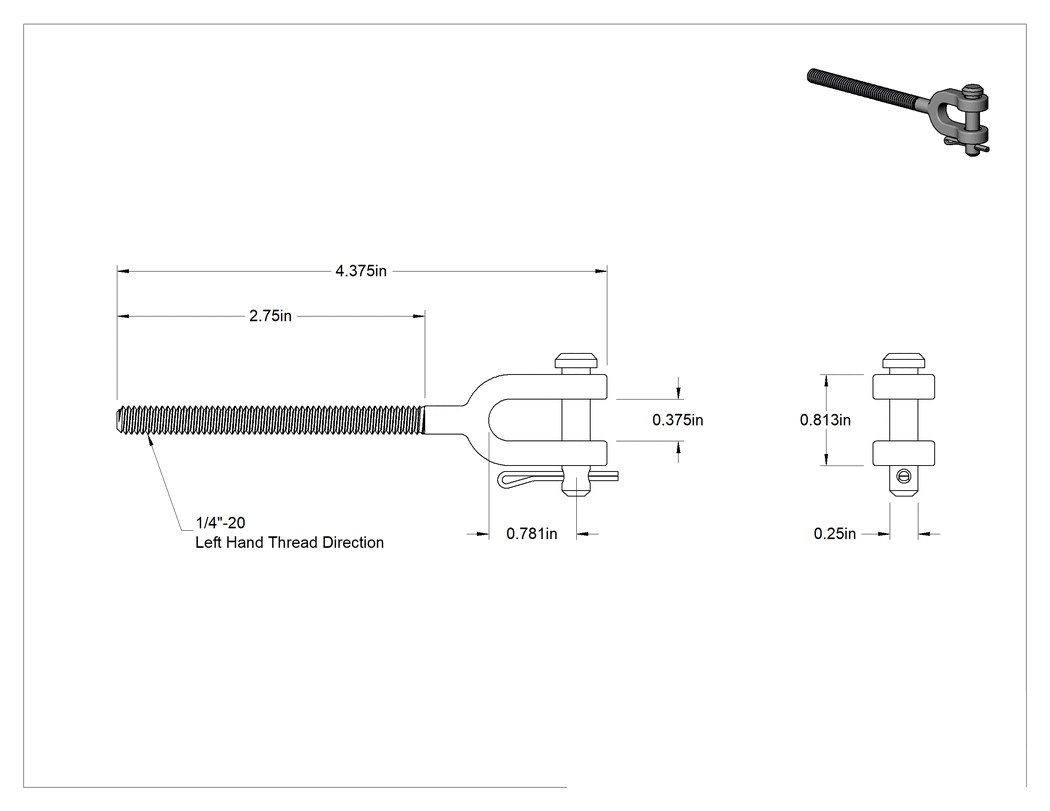 Teknik Çizim - Dövme Galvanizli Çelik Gerdirme - Kaldırma Amaçlı Değildir, Çatal Uç, 1/4"-20, Sol Yönlü Diş, 4-3/8" Toplam