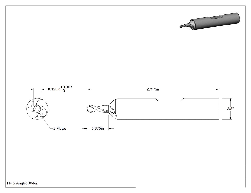 Teknik Çizim - TiN Kaplamalı Yüksek Hızlı Çelik Küresel Uçlu Freze, 1/8" Freze Çapı, 2-5/16" Toplam Uzunluk