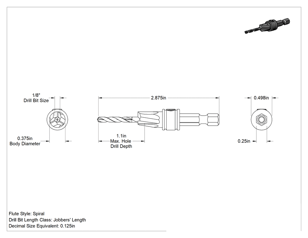Teknik Çizim - Hızlı Değiştirilebilir Altıgen Matkap Ucu Havşa, Ahşap için, 3/8" Gövde Çapı, 1/8" Matkap Ucu Boyutu