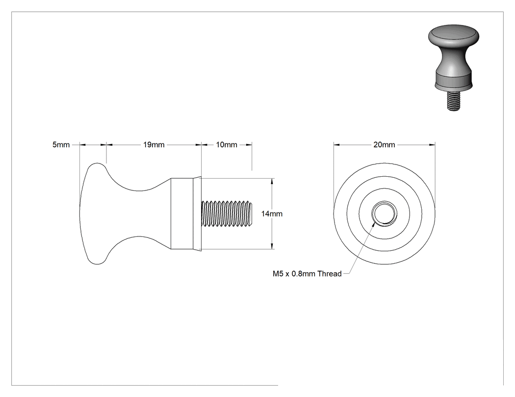 Teknik Çizim - Hijyenik Dişli Saplama Çekme Düğmesi, M5 x 0.8 mm Diş