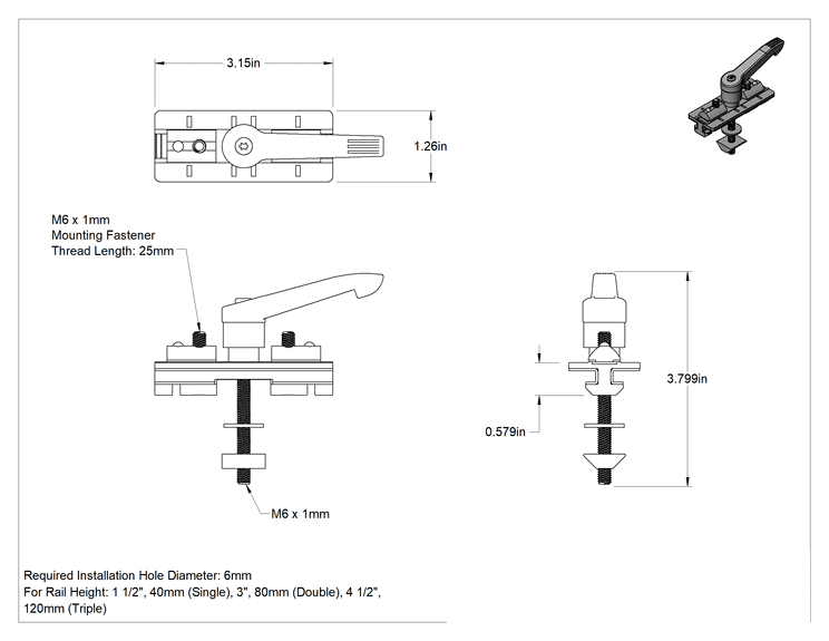 Teknik Çizim - T-Yivli Çerçeve, 1.5" ve 40 mm Yüksekliğinde Raylar için Kelepçe Kollu Ray Kaydırıcı
