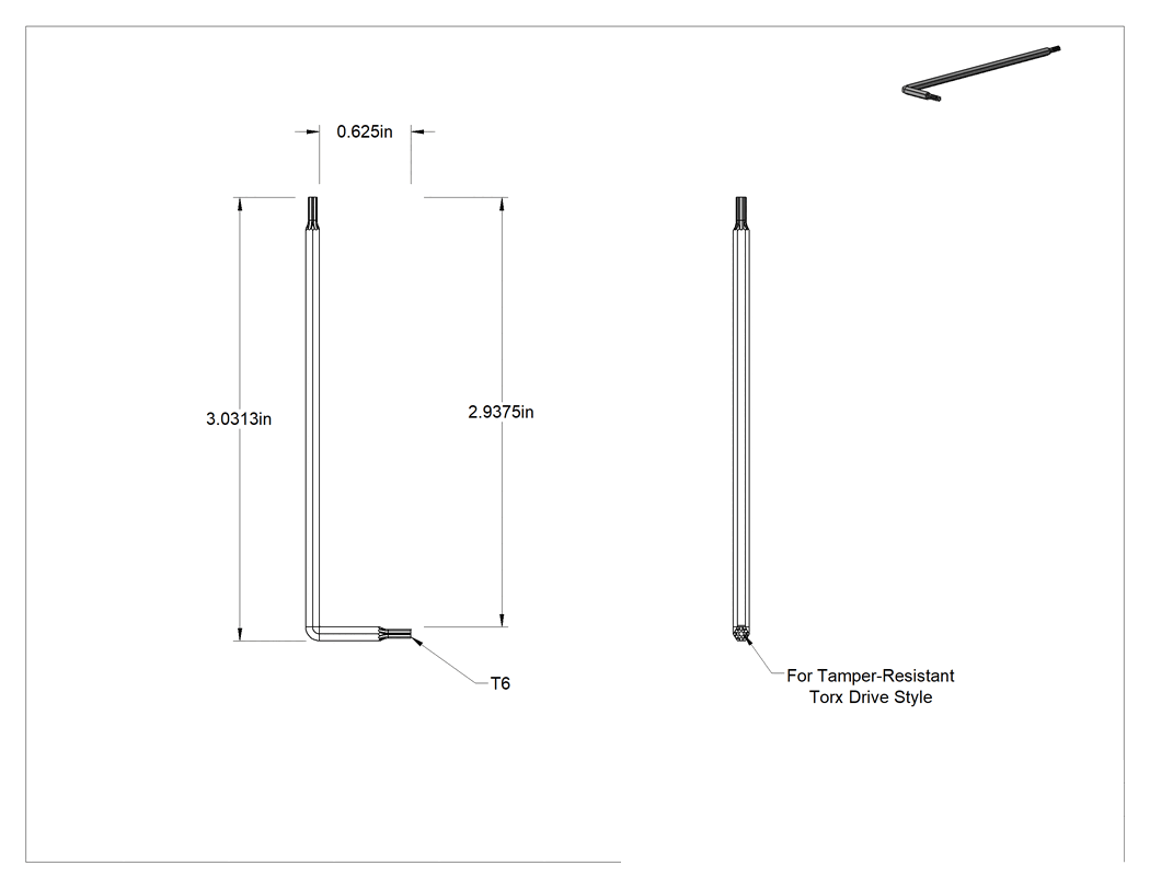 Teknik Çizim - Alaşımlı Çelik Kurcalamaya Dayanıklı Torx L Anahtarı, Siyah Oksit, T6 Tahrik Boyutu, 3-1/16" Toplam Uzunluk