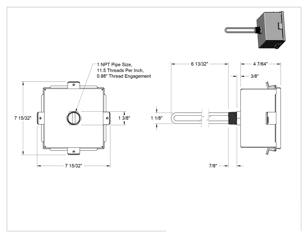 Teknik Çizim - Hijyenik Vidalı Tapa Daldırma Isıtıcı, Su için, Ayarlanabilir Termostat, 120V AC, Tek Faz, 500W