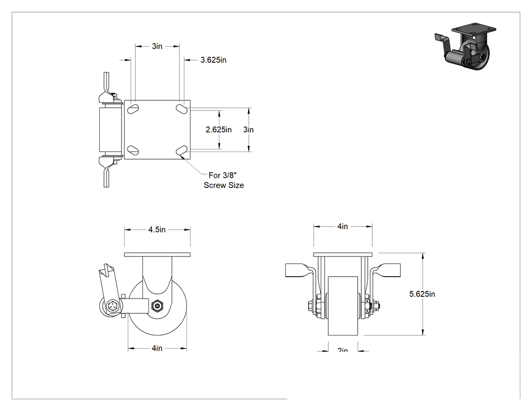 Teknik Çizim - 4-1/2" x 4" Plakalı Yüksek Kapasiteli Spartan Tekerlek, Frenli ve 4 inç Çapında Açık Rulmanlı Metal Tekerlekli Sabit