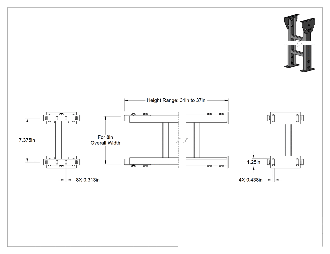 Teknik Çizim - 8" Toplam Genişlikli Makaralı Konveyör için 31" ila 37" Yükseklikte Sabit Stand