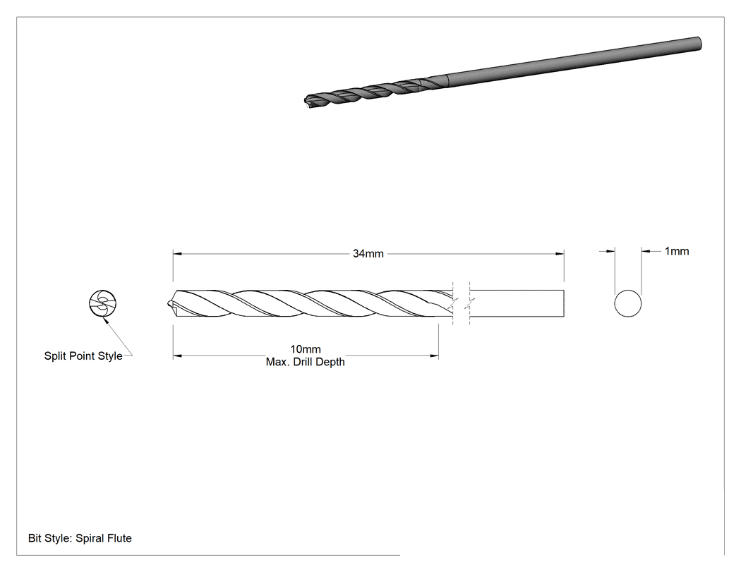 Teknik Çizim - Kobalt Çelik Matkap Ucu, Altın Oksit, Jobber, 1.0 mm Boyut, 34 mm Toplam Uzunluk