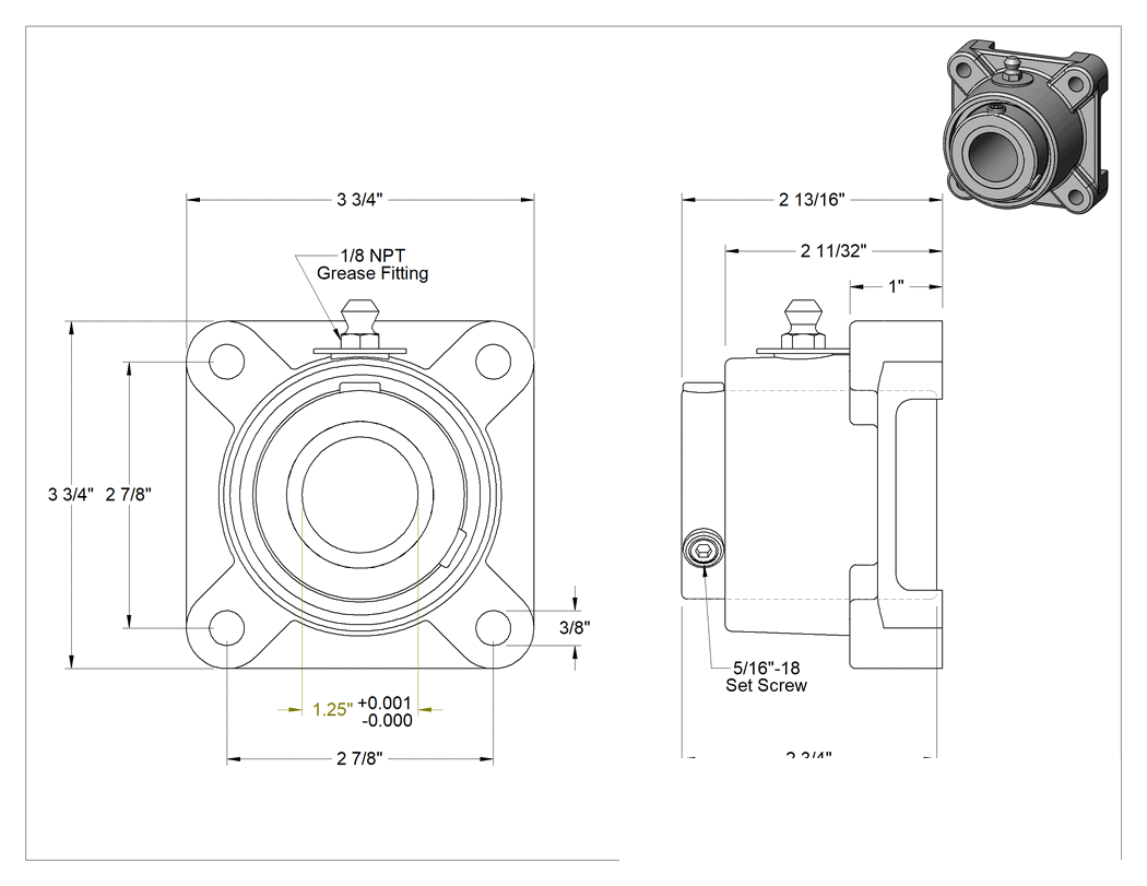 Teknik Çizim - Montajlı Konik Masuralı Rulman, 1-1/4" Mil Çapı için