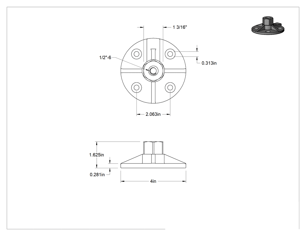 Teknik Çizim - Hızlı Sıkıştırmalı Bobin Dişli Somun, Flanş, 1/2"-6 Diş Boyutu
