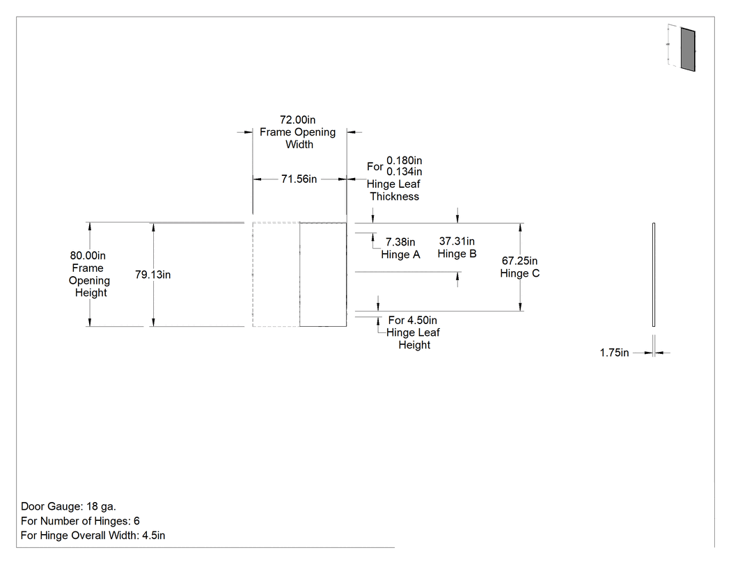 Teknik Çizim - Trafik Yönlendirme Çift Kapıları, 72" Genişlik x 80" Yükseklik Çerçeve Açıklığı için