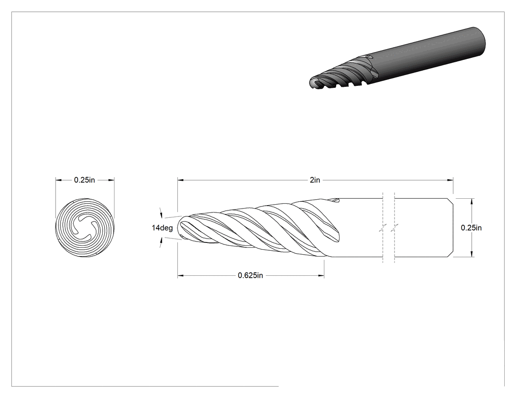 Teknik Çizim - Yumuşak Metaller ve Plastikler için Karbür Frez, Yuvarlak Konik, 1/4" Baş Çapı