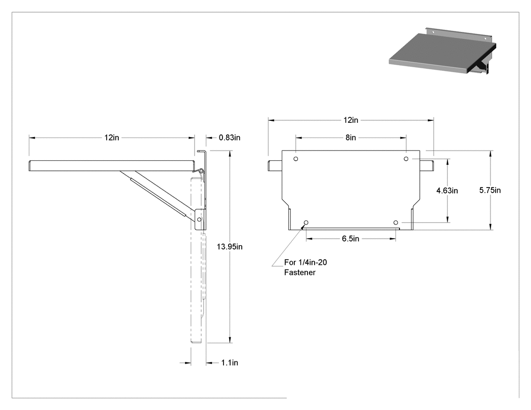 Teknik Çizim - Katlanabilir Raf, Paslanmaz Çelik, 5-3/4" Yükseklik x 12" Genişlik x 12" Derinlik