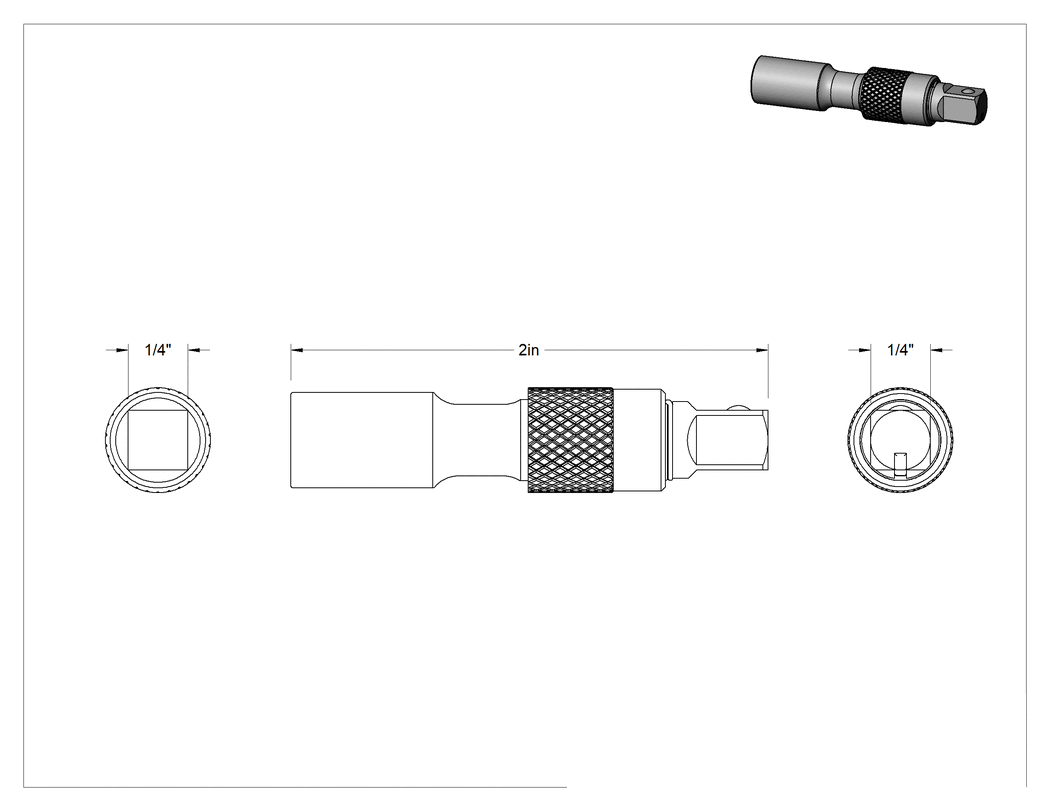 Teknik Çizim - 1/4" Kare Tabanlı Güçlü Tutuşlu Soket Uzatma Parçası, 2" Uzunluk
